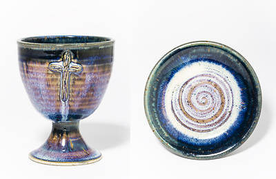 Earthenware Small Chalice and Paten Set with Cross, Pastel