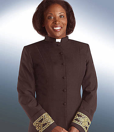 Picture of Qwick-Ship Linette Women's Clergy Jacket with Tab Collar and Satin Tapestry Fleur Bandings Black - HF609