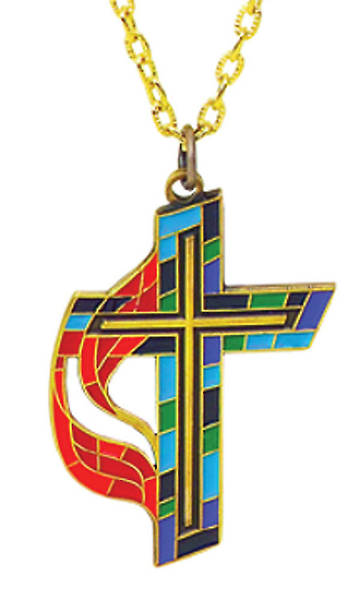 United Methodist Stained Glass Solid Bronze Enamel Inlaid Cross Pendant with 24" Chain