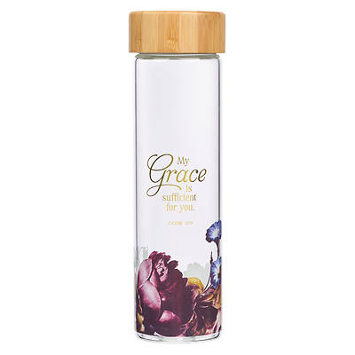 Picture of Water Bottle Glass with Sleeve My Grace Is Sufficient 2 Cor 12