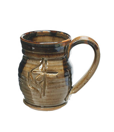 Cross and Flame Barrel Shaped Ceramic Mug - Tan