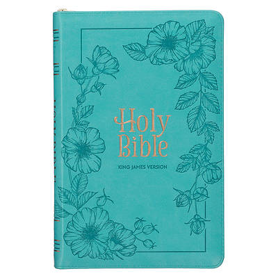 KJV Holy Bible, Standard Size Faux Leather Red Letter Edition - Thumb Index & Ribbon Marker, King James Version, Teal Floral Zipper Closure