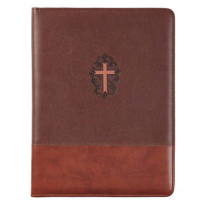 Notepad Portfolio Two-Tone Zippered Brown Faux Leather with Cross John 3:16