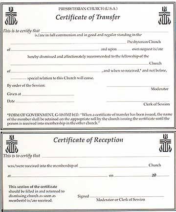 Presbyterian Transfer Flat Certificate (Book of 12)