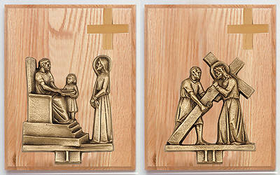 Picture of Stations of the Cross Oak Plaque Bronze Set 14