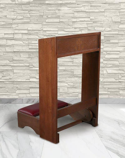 Folding Padded Kneeler With Silk-Screened Cross/Wheat - Walnut Stain