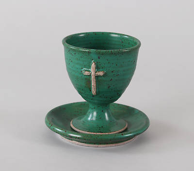 Earthenware Small Chalice and Paten Set with Cross, Teal