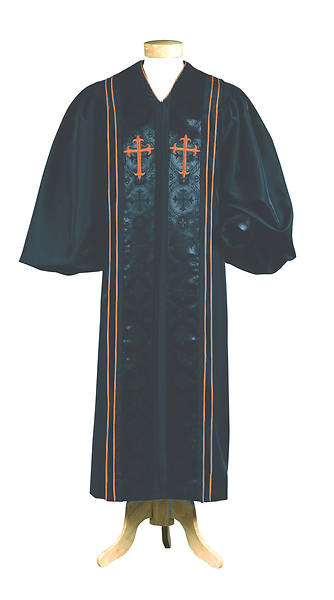 Picture of Abbott Hall A518 Men's Pulpit Robe with Black Cross Brocade Panels, Red Crosses and Cording