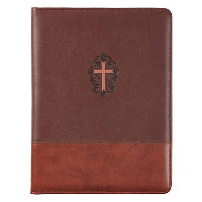 Picture of Notepad Portfolio Two-Tone Zippered Brown Faux Leather with Cross John 3:16