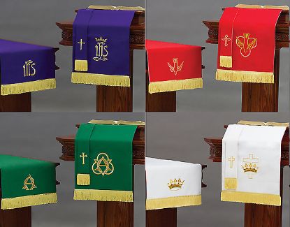 Picture of Embroidered Reversible XL Ten-Piece Parament Set  3pc Red/White + 3pc Purple/Green +2 Flowerstand + 2 Stole