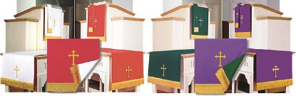 Picture of Embroidered Reversible Ten-Piece Parament Set  3pc Red/White + 3pc Purple/Green + 2 Flowerstand + 2 Stole