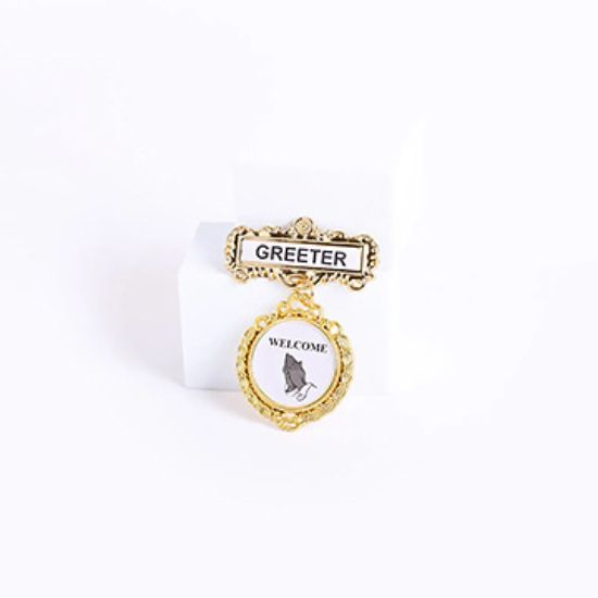 Picture of Badge Fancy Round Greeter Ethnic Praying Hands Pin