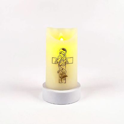 Picture of marvelous lights ivory flameless candle  W/Cross 3.25" x 6"